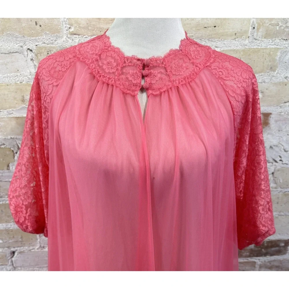 Pink Chiffon Nightgown Peignoir Robe Barbie Ballerina Sissy Coquette Vintage 60s - Picture 9 of 15